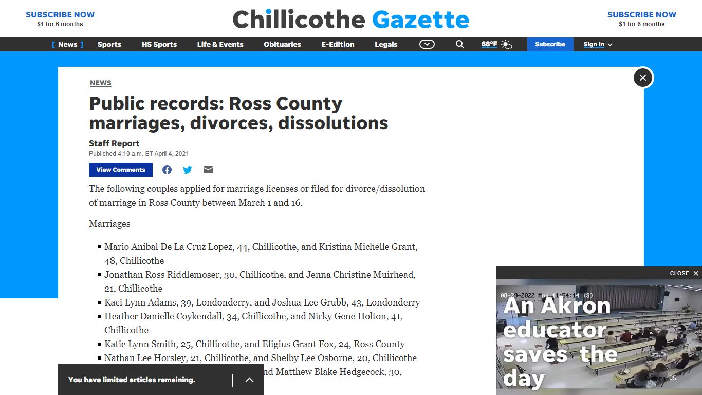 Public records: Ross County marriages, divorces, dissolutions