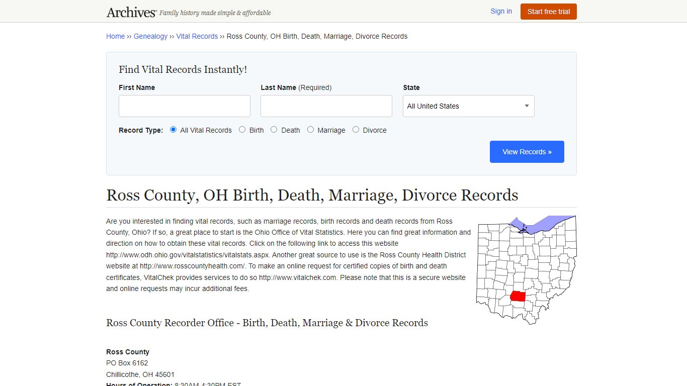 Ross County, OH Birth, Death, Marriage, Divorce Records - Archives.com